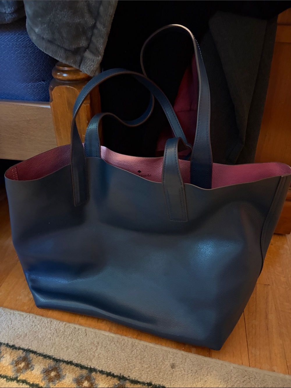 kate spade Navy Blue and Pink Reversible Leather Tote Shoulder Bag - Picture 3 of 5